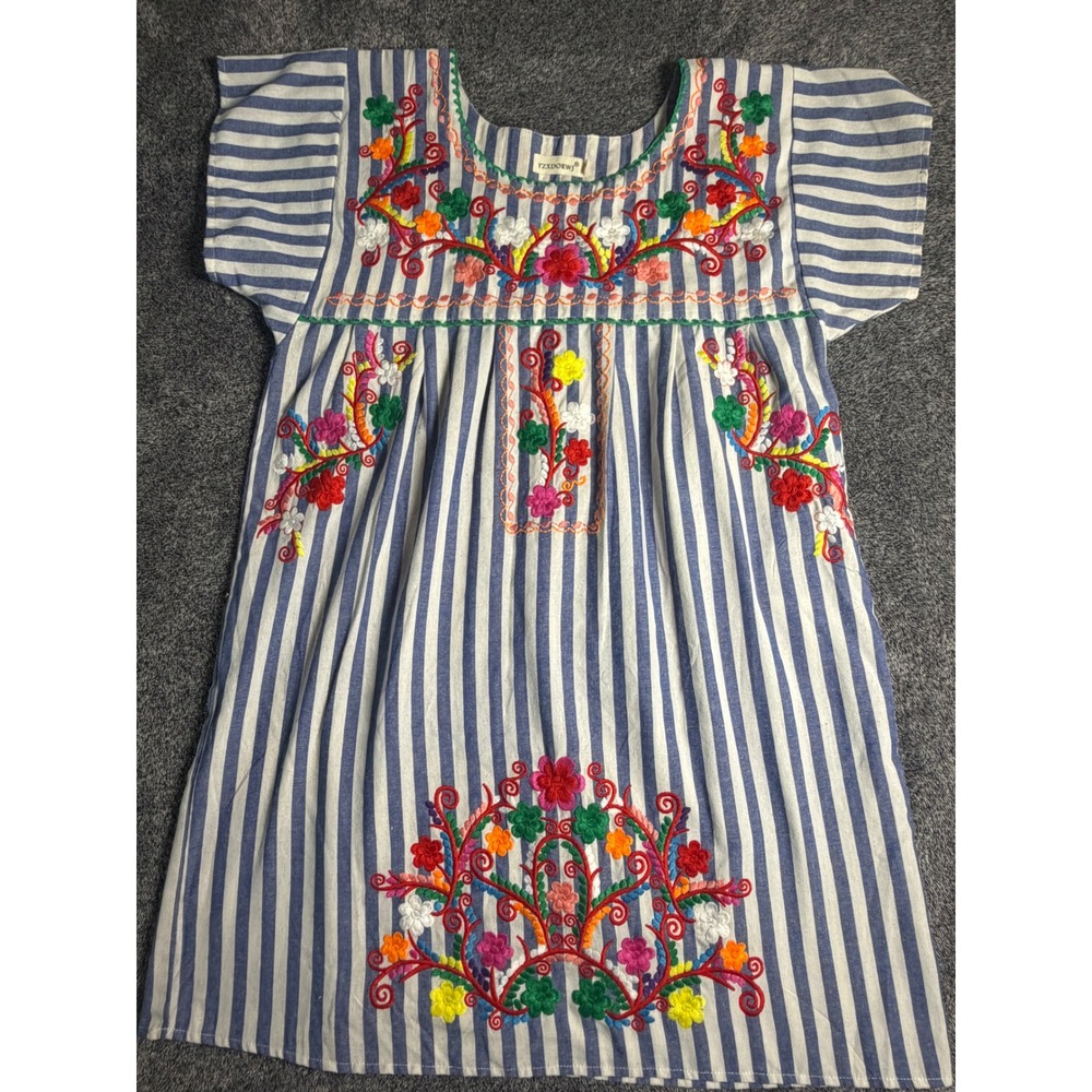 YZXDORWJ Womens Blue White Striped Floral Embroidered Mexican Tunic Dress Small